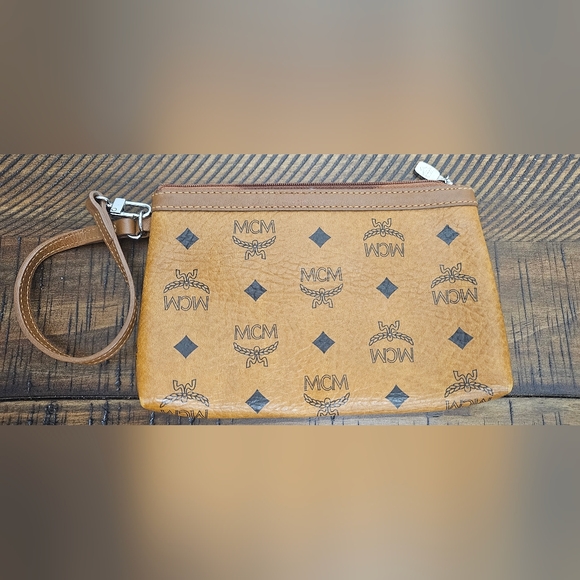 MCM Handbags - Authentic MCM Visetos Brown Cognac¹‎ Logo Pattern Wristlet EUC